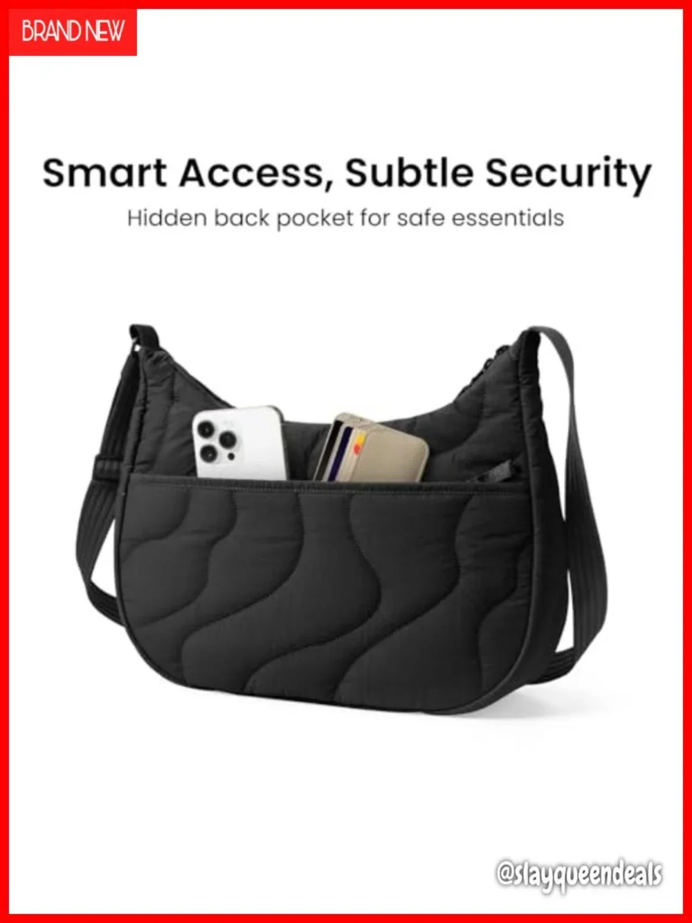 Nylon Quilted Crescent Crossbody Bag, Puffy Hobo Handbag with Multiple Pockets,